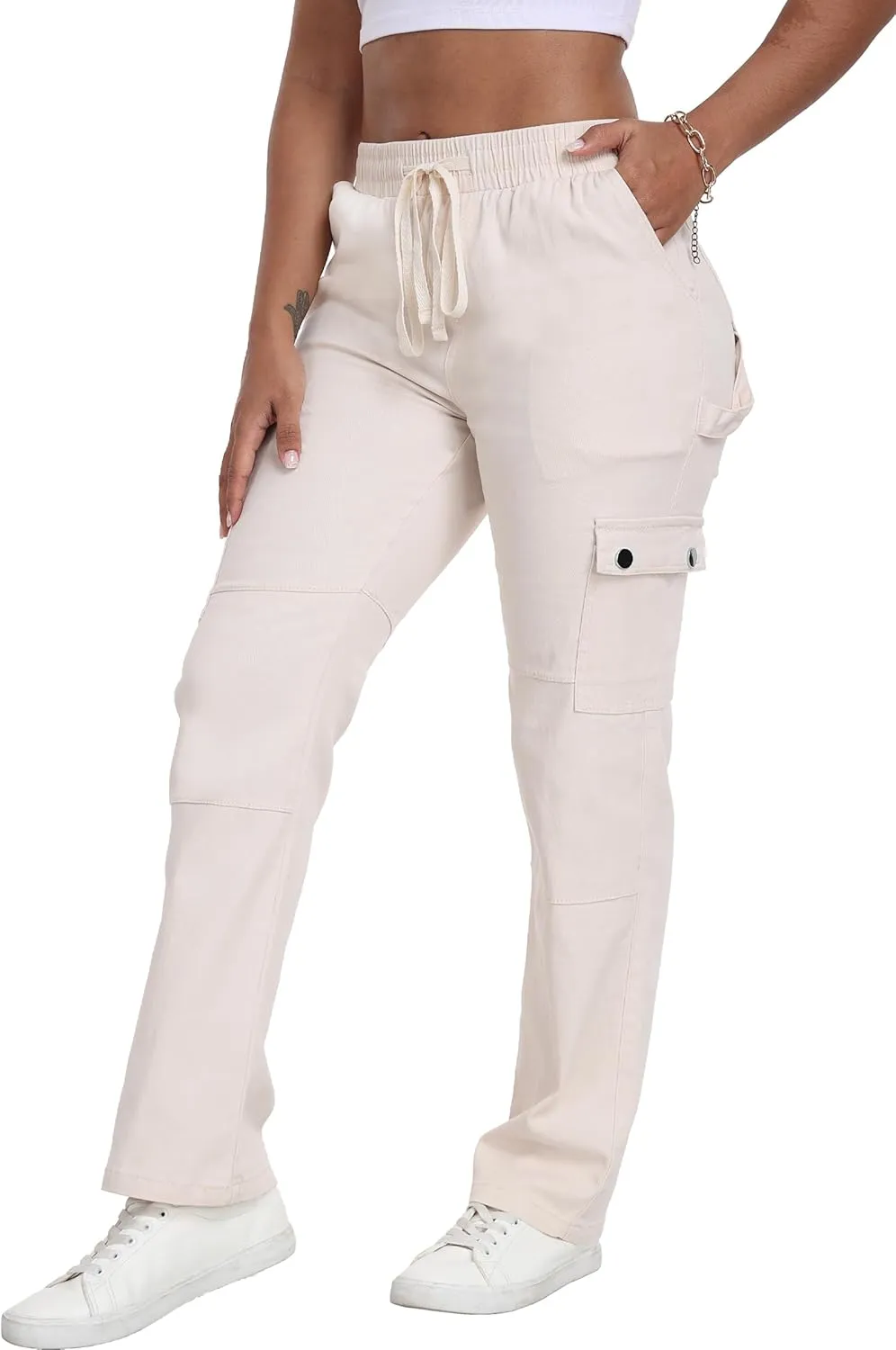 HVEPUO Womens Pants Casual Straight Leg Cargo Pants High Waisted Jeans for Women with Pockets