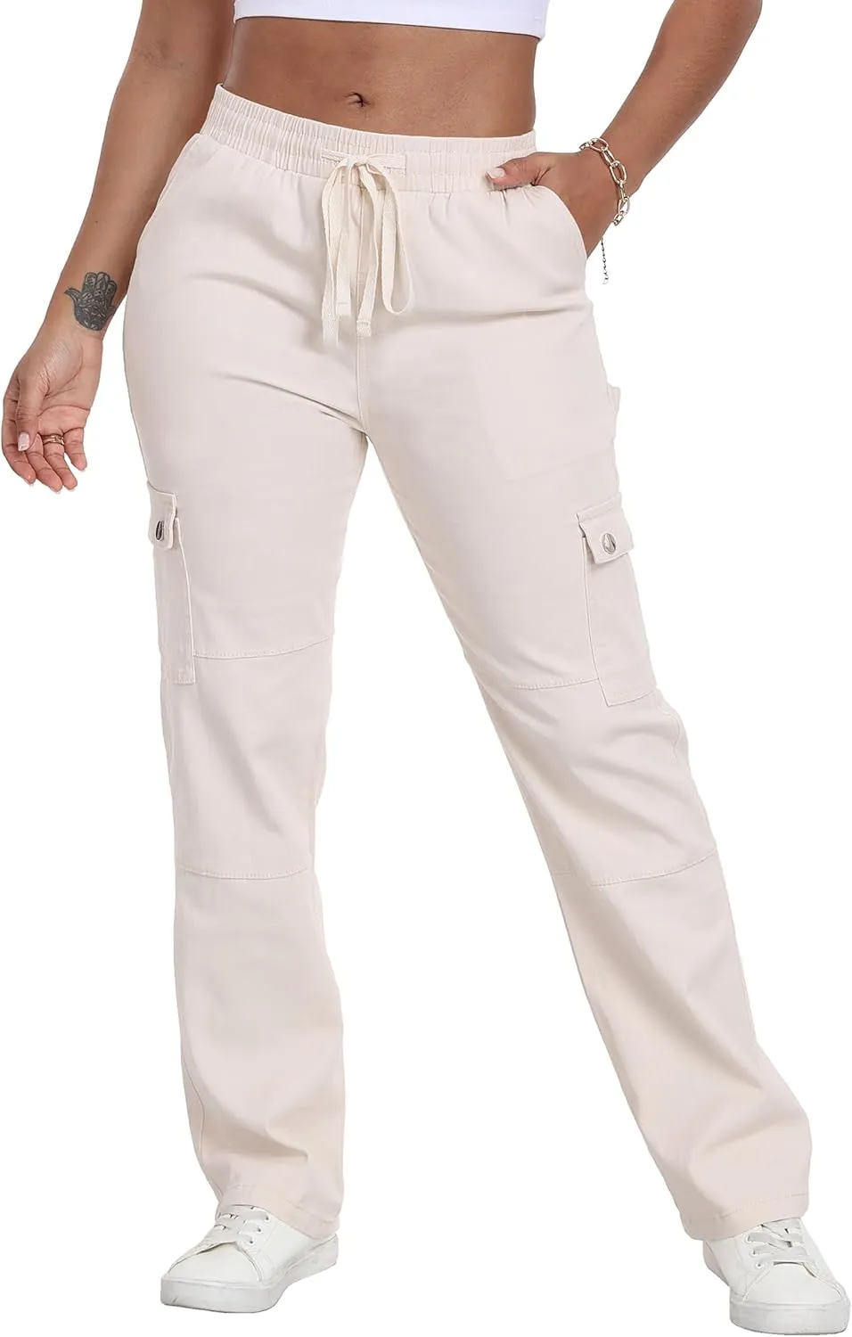 HVEPUO Womens Pants Casual Straight Leg Cargo Pants High Waisted Jeans for Women with Pockets