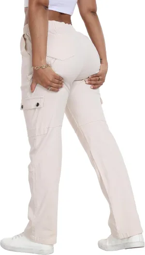 HVEPUO Womens Pants Casual Straight Leg Cargo Pants High Waisted Jeans for Women with Pockets