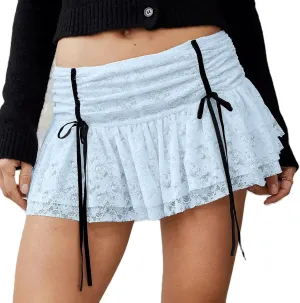 ICNGLKSND Women Y2K Bow Tie Lace Mini Skirt Floral Slip Ruffled Underskirt Pleated Lingerie Lace Layer Skirt with Drawstring