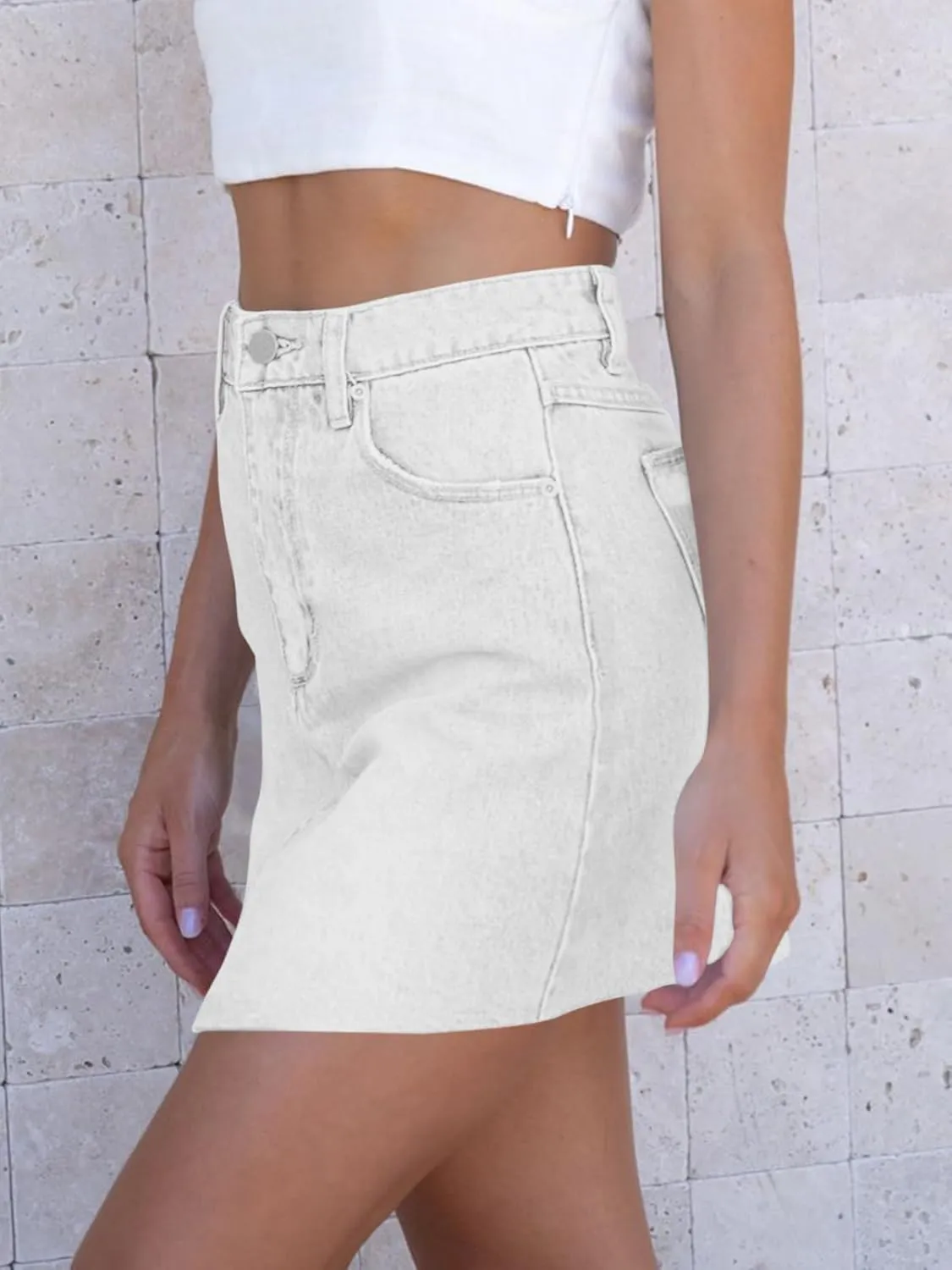 imesrun Womens Mini Denim Skirts Causal High Waisted Cute Asymmetrical Hem Summer Short Jean Skirts with Pockets