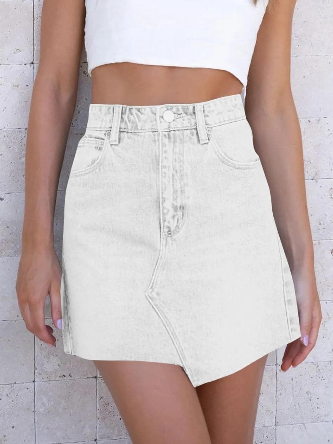 imesrun Womens Mini Denim Skirts Causal High Waisted Cute Asymmetrical Hem Summer Short Jean Skirts with Pockets