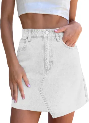imesrun Womens Mini Denim Skirts Causal High Waisted Cute Asymmetrical Hem Summer Short Jean Skirts with Pockets