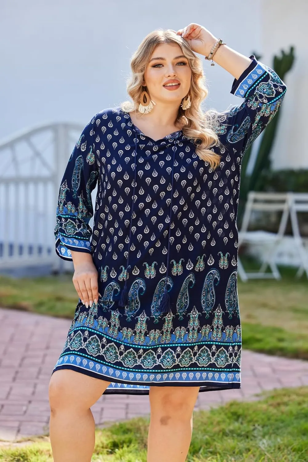 IN'VOLAND Plus Size Women Casual Beach Summer Dress Boho Tassel Tie Neck 3/4 Sleeve Short Floral Print Flowy Pockets Dresses
