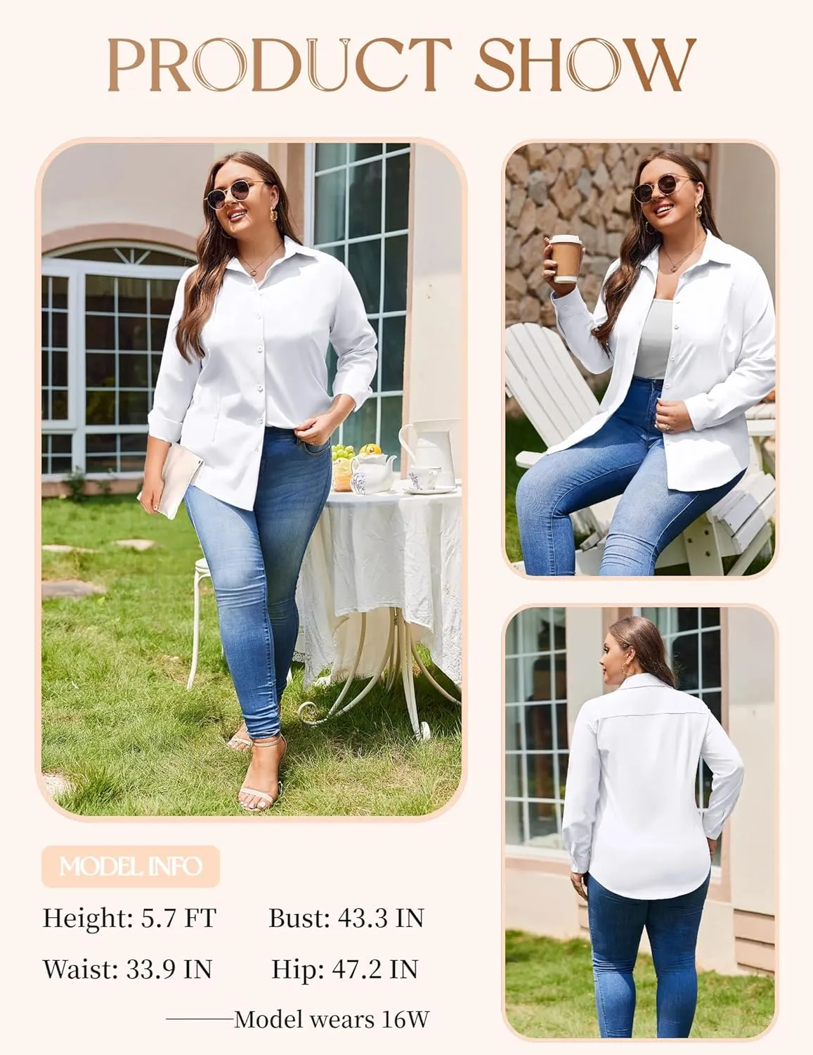 IN'VOLAND Women's Plus Size Button Down Shirts Long Sleeve Collared Casual Shirt Office Work Blouse Tops