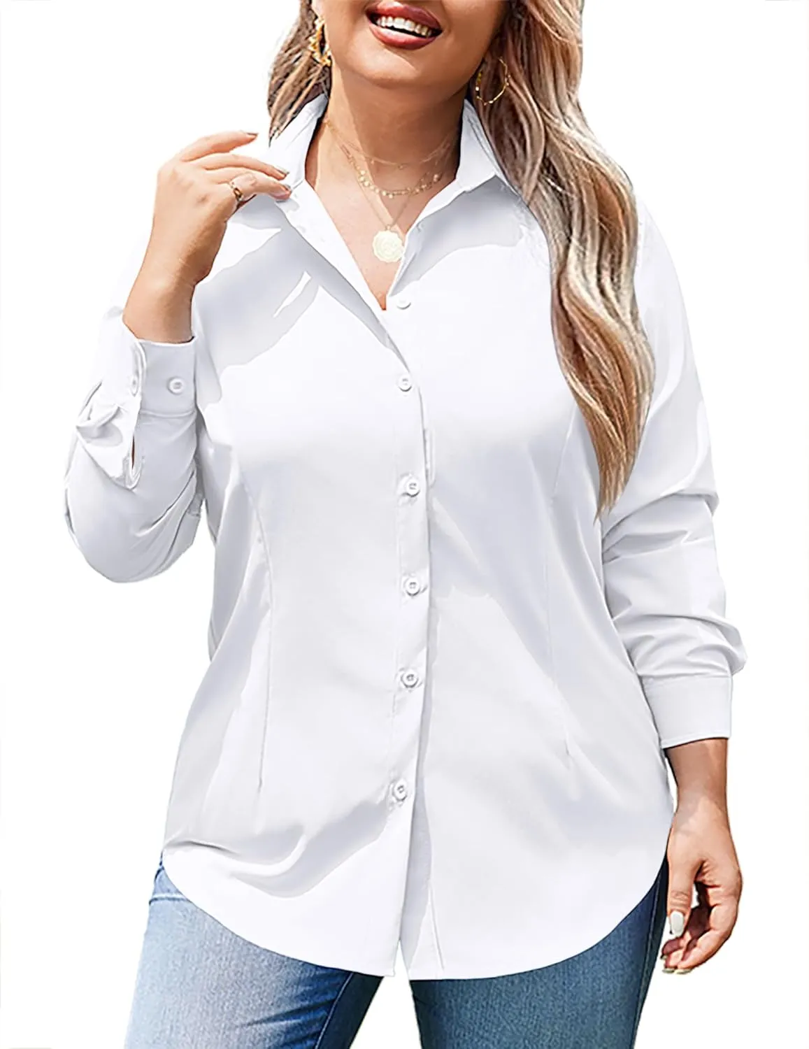 IN'VOLAND Women's Plus Size Button Down Shirts Long Sleeve Collared Casual Shirt Office Work Blouse Tops