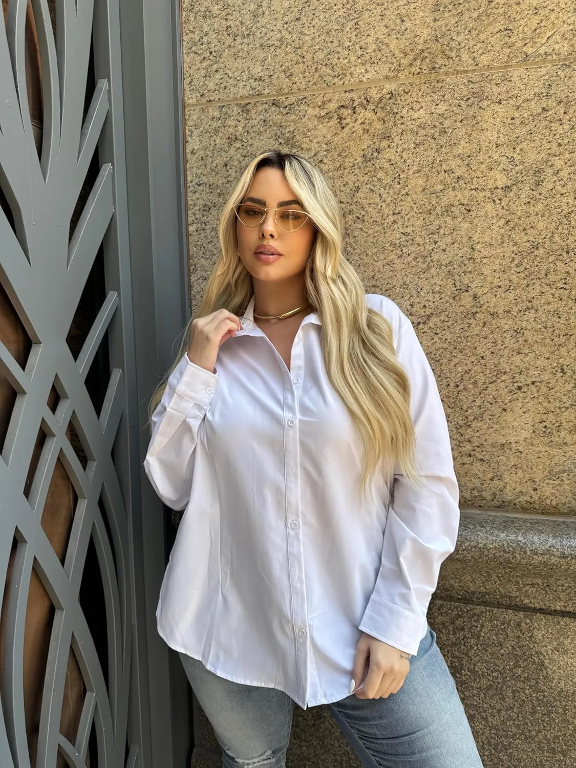 IN'VOLAND Women's Plus Size Button Down Shirts Long Sleeve Collared Casual Shirt Office Work Blouse Tops