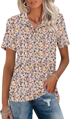 Ivicoer Womens V Neck Short Sleeve Polo Shirts Button Down Collared Tops Work Tunic Blouses Business Casual