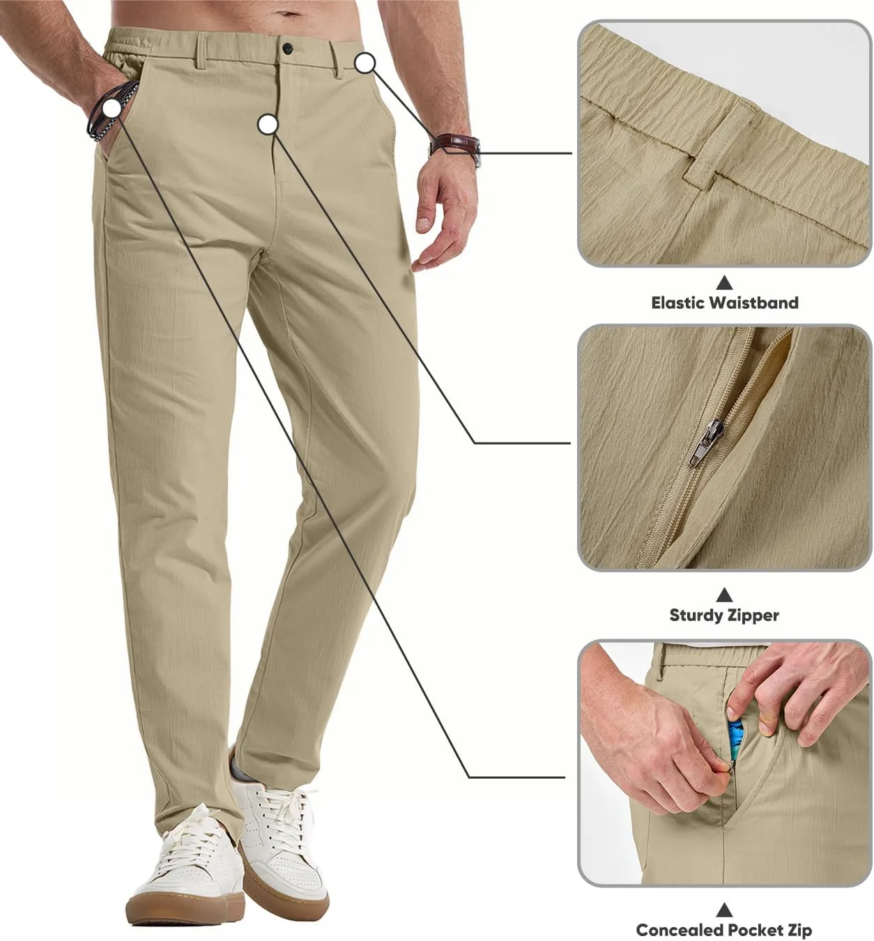 JMIERR Men's Casual Chino Pants Stretch Washed Crinkle 4 Way Textured Pants with Zipper Pockets and Elastic Waistband