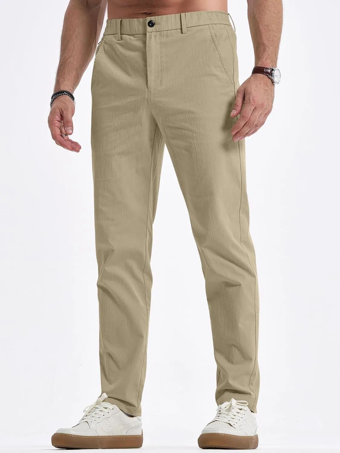 JMIERR Men's Casual Chino Pants Stretch Washed Crinkle 4 Way Textured Pants with Zipper Pockets and Elastic Waistband