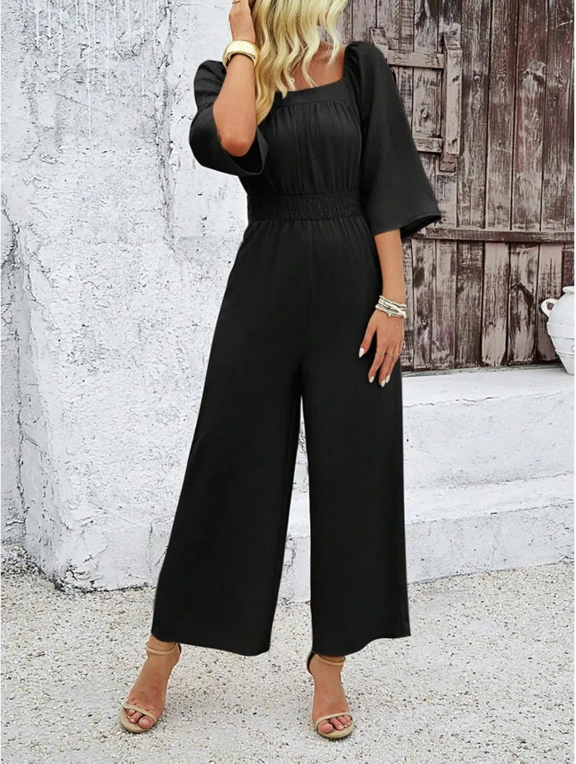 Jumpsuits for Women Casual Dressy Smocked High Waisted Wide Leg Jumpsuits Summer Boho Short Sleeve Square Neck Long Romper