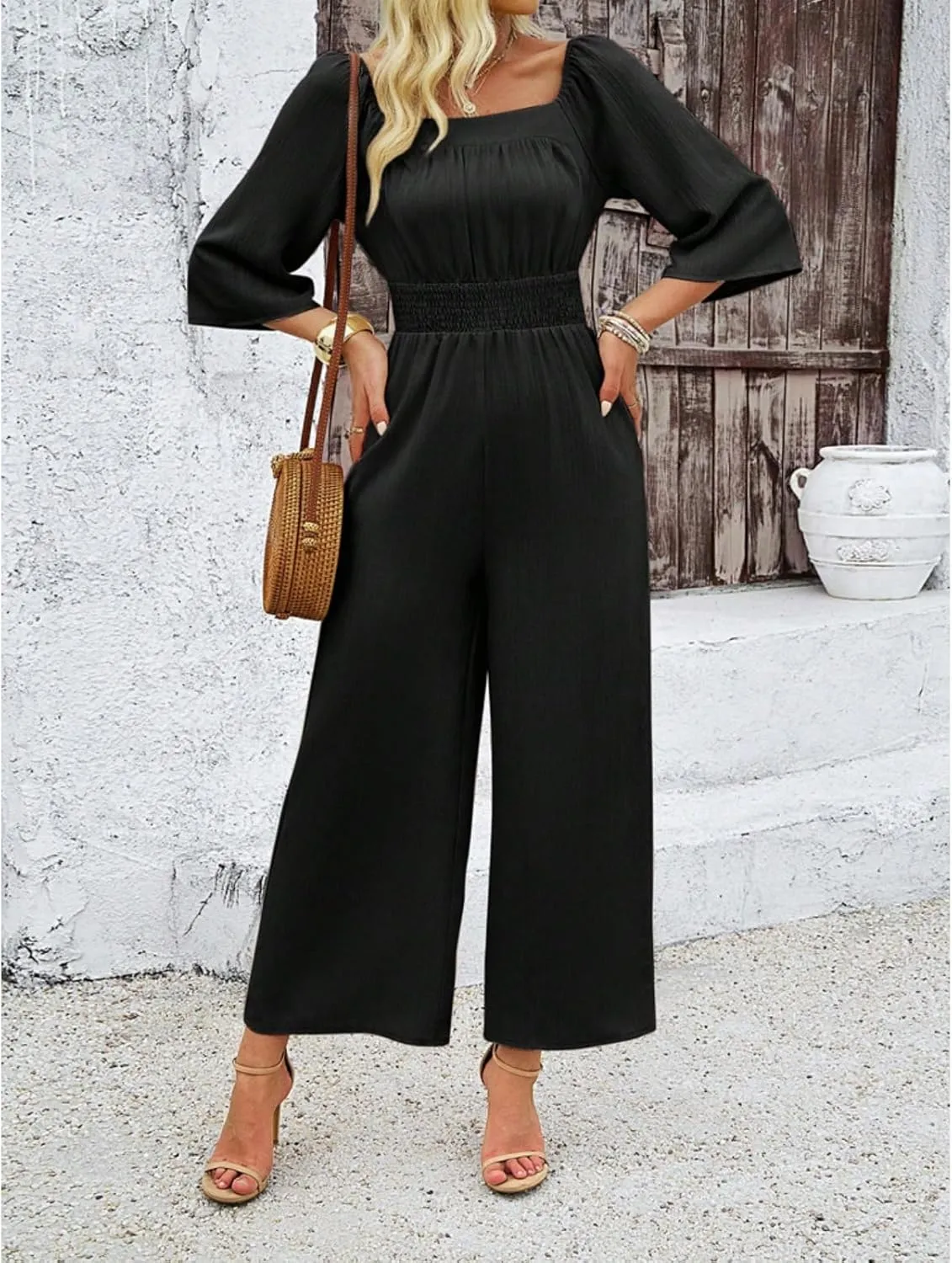 Jumpsuits for Women Casual Dressy Smocked High Waisted Wide Leg Jumpsuits Summer Boho Short Sleeve Square Neck Long Romper