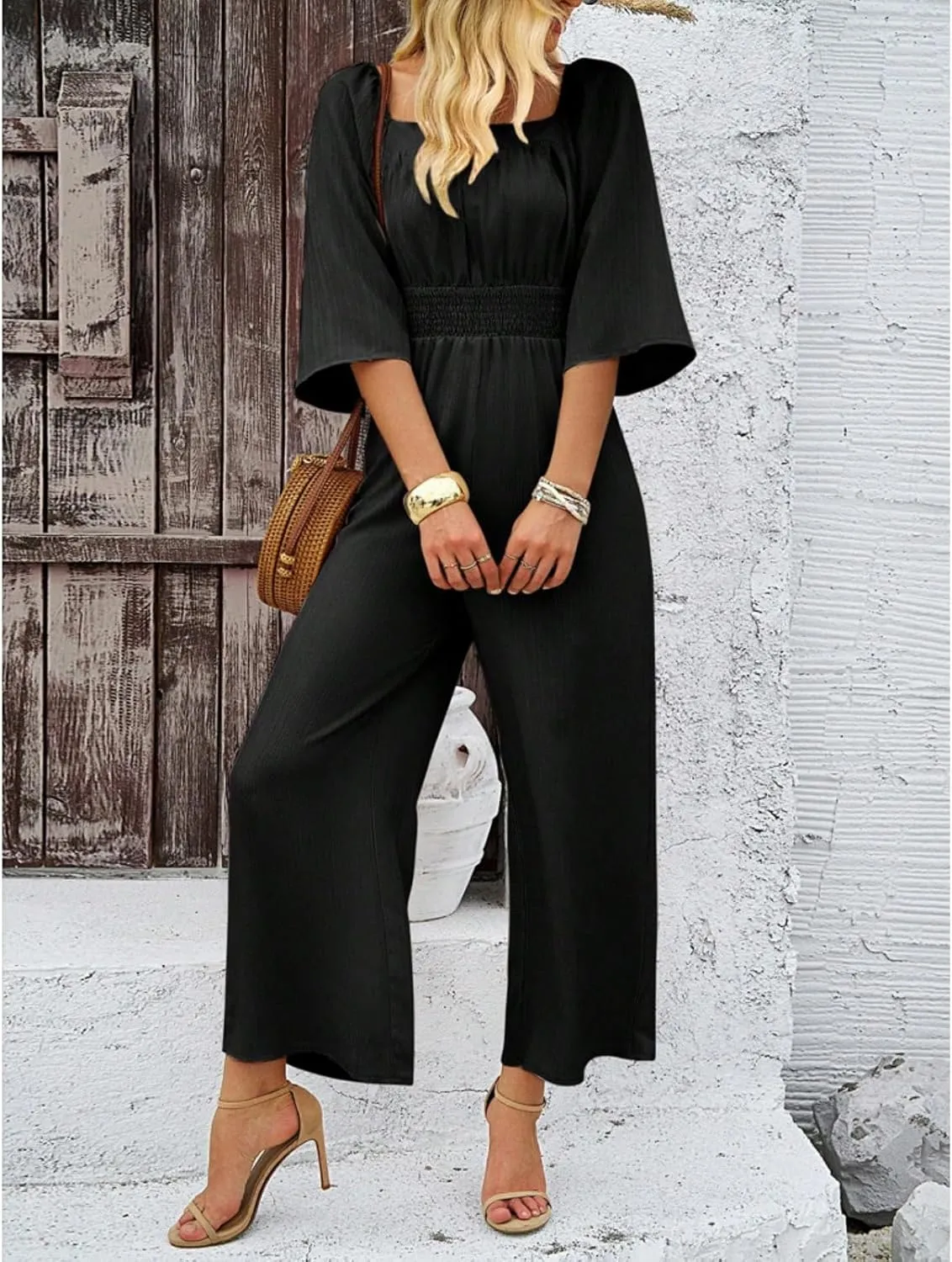 Jumpsuits for Women Casual Dressy Smocked High Waisted Wide Leg Jumpsuits Summer Boho Short Sleeve Square Neck Long Romper
