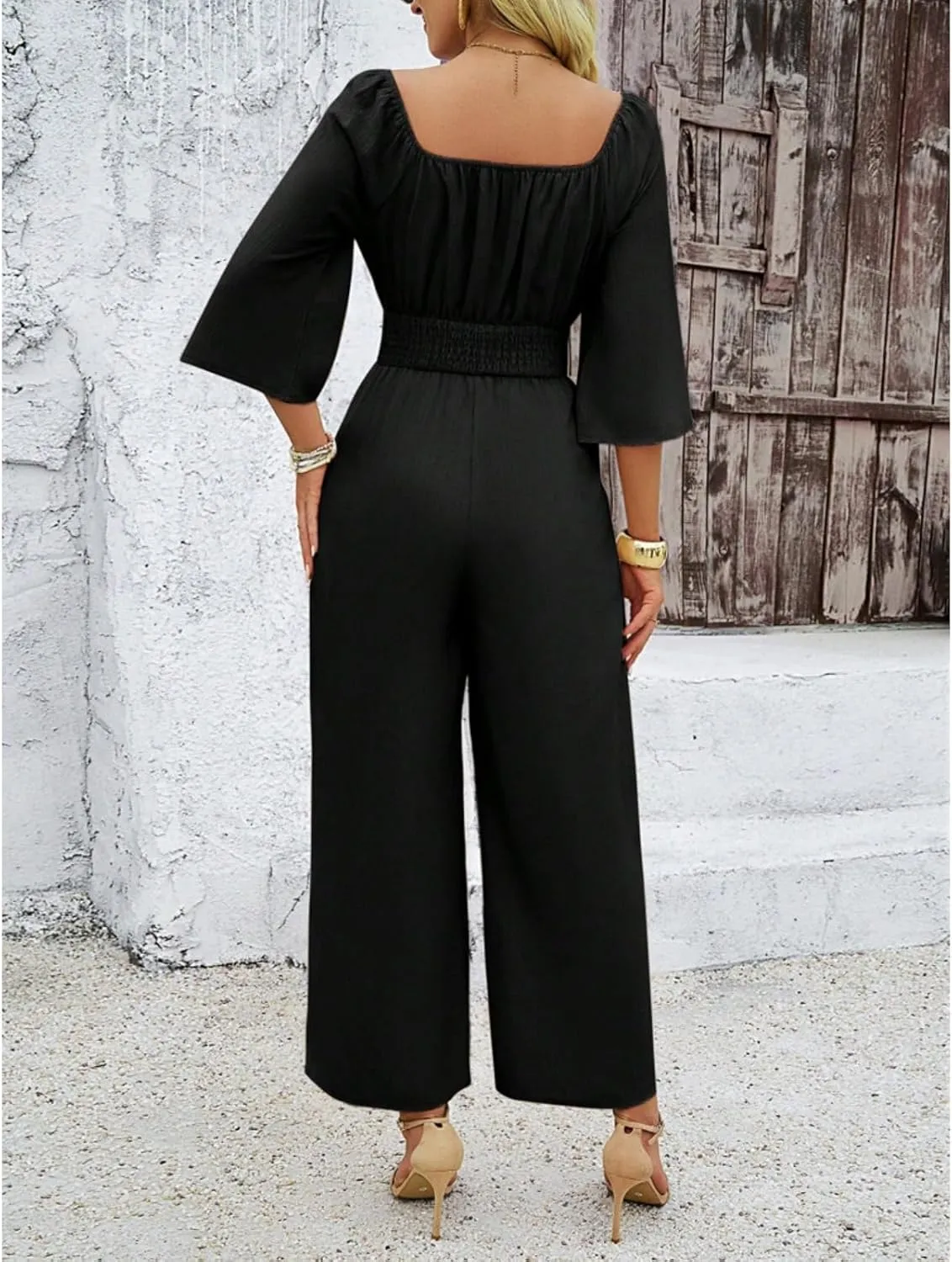 Jumpsuits for Women Casual Dressy Smocked High Waisted Wide Leg Jumpsuits Summer Boho Short Sleeve Square Neck Long Romper