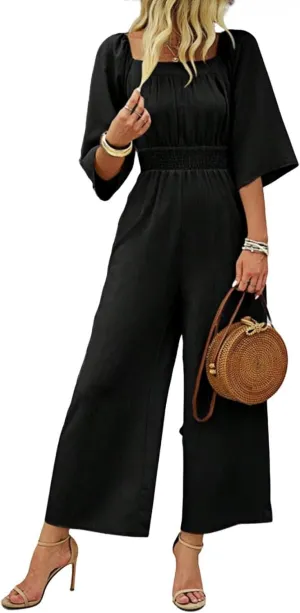Jumpsuits for Women Casual Dressy Smocked High Waisted Wide Leg Jumpsuits Summer Boho Short Sleeve Square Neck Long Romper