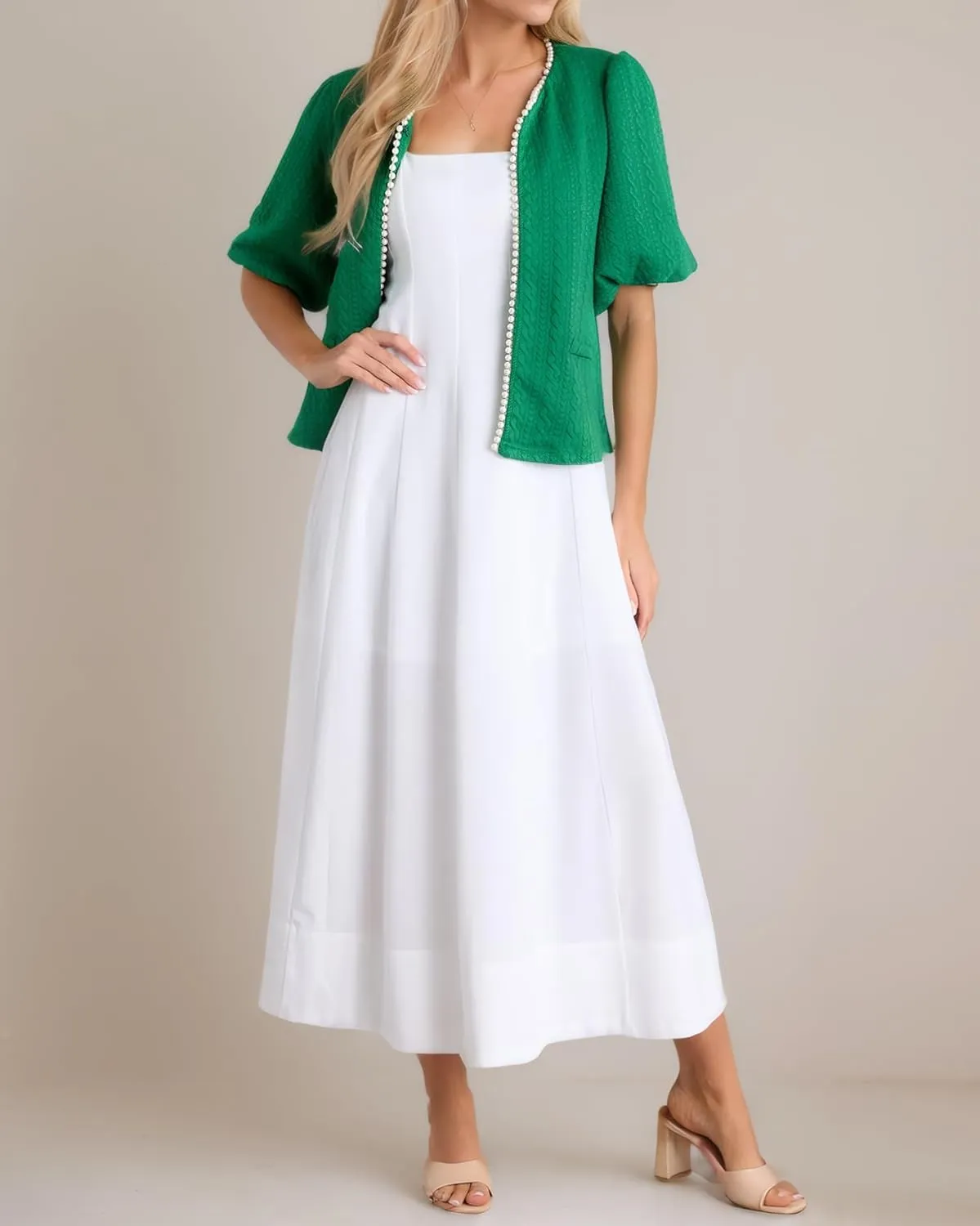 Kedera Puff Short Sleeve Tweed Jacket Women Cropped Jackets Summer Open Front Elegant Trimmed Cardigans with Pearls