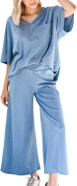 KEOMUD Knit 2 Piece Outfits for Women Casual Lounge Set Half Sleeve V Neck Pullover Tops and High Waist Wide Leg Pants