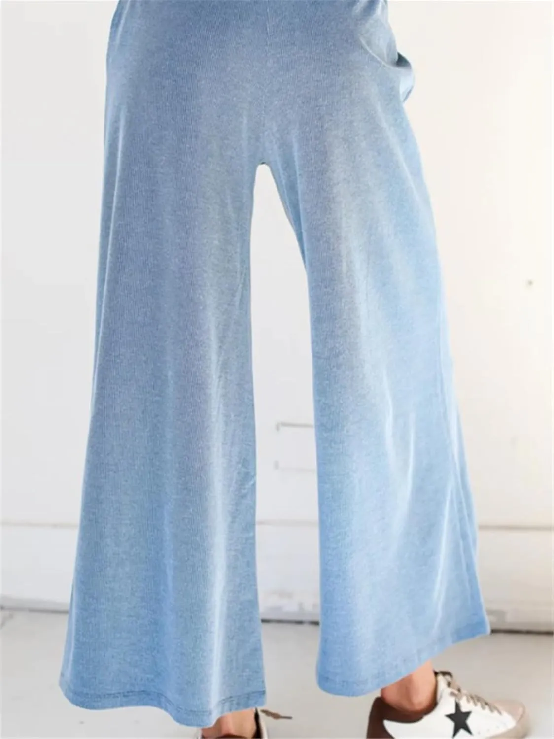KEOMUD Knit 2 Piece Outfits for Women Casual Lounge Set Half Sleeve V Neck Pullover Tops and High Waist Wide Leg Pants