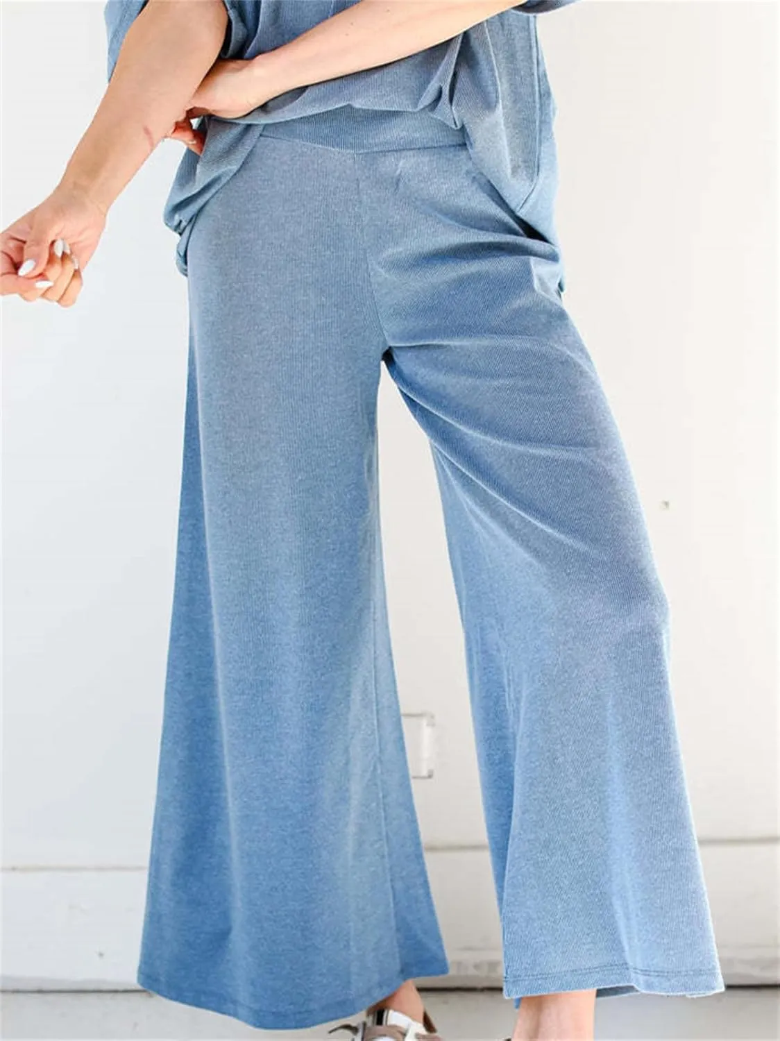 KEOMUD Knit 2 Piece Outfits for Women Casual Lounge Set Half Sleeve V Neck Pullover Tops and High Waist Wide Leg Pants