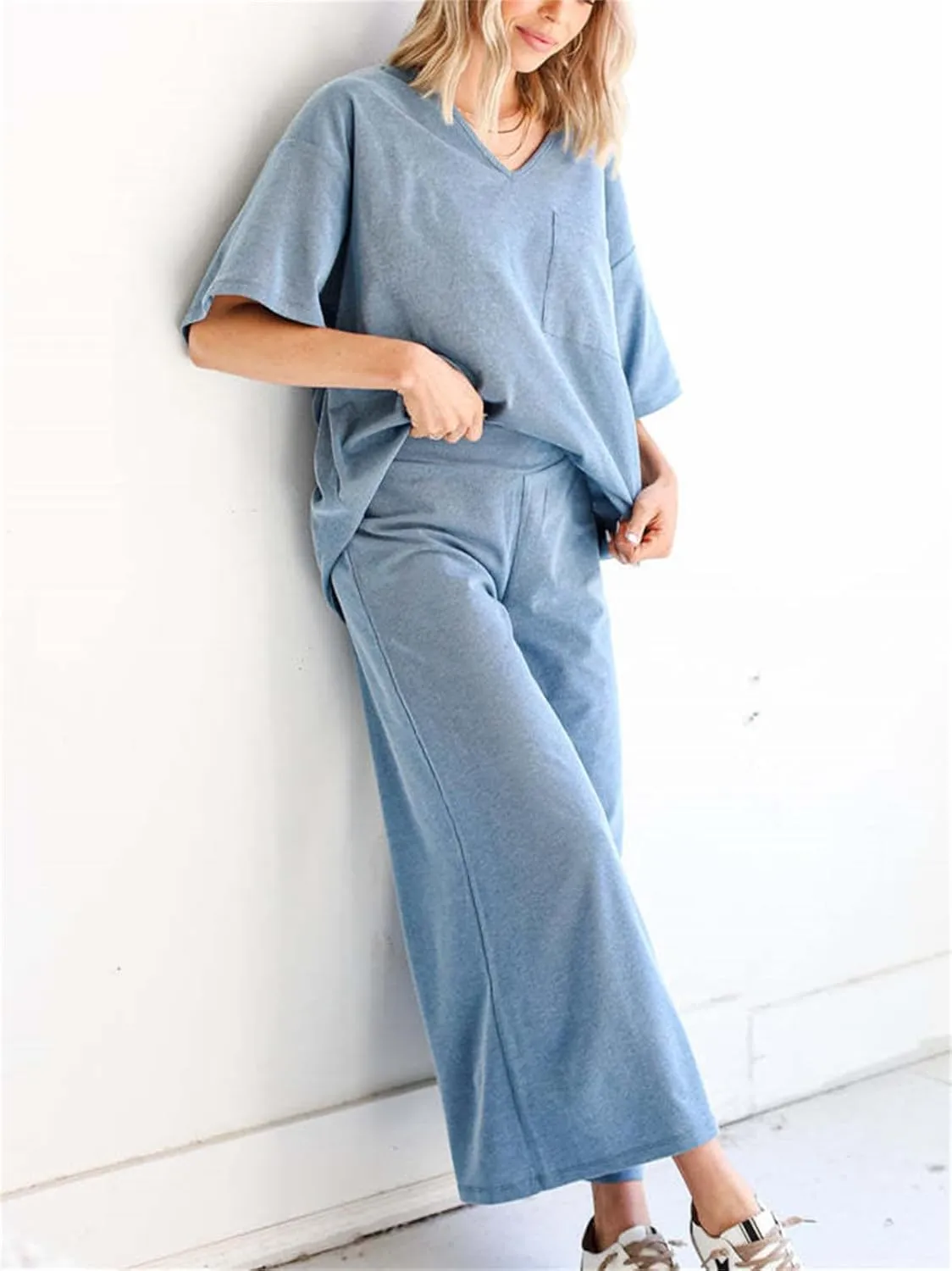 KEOMUD Knit 2 Piece Outfits for Women Casual Lounge Set Half Sleeve V Neck Pullover Tops and High Waist Wide Leg Pants