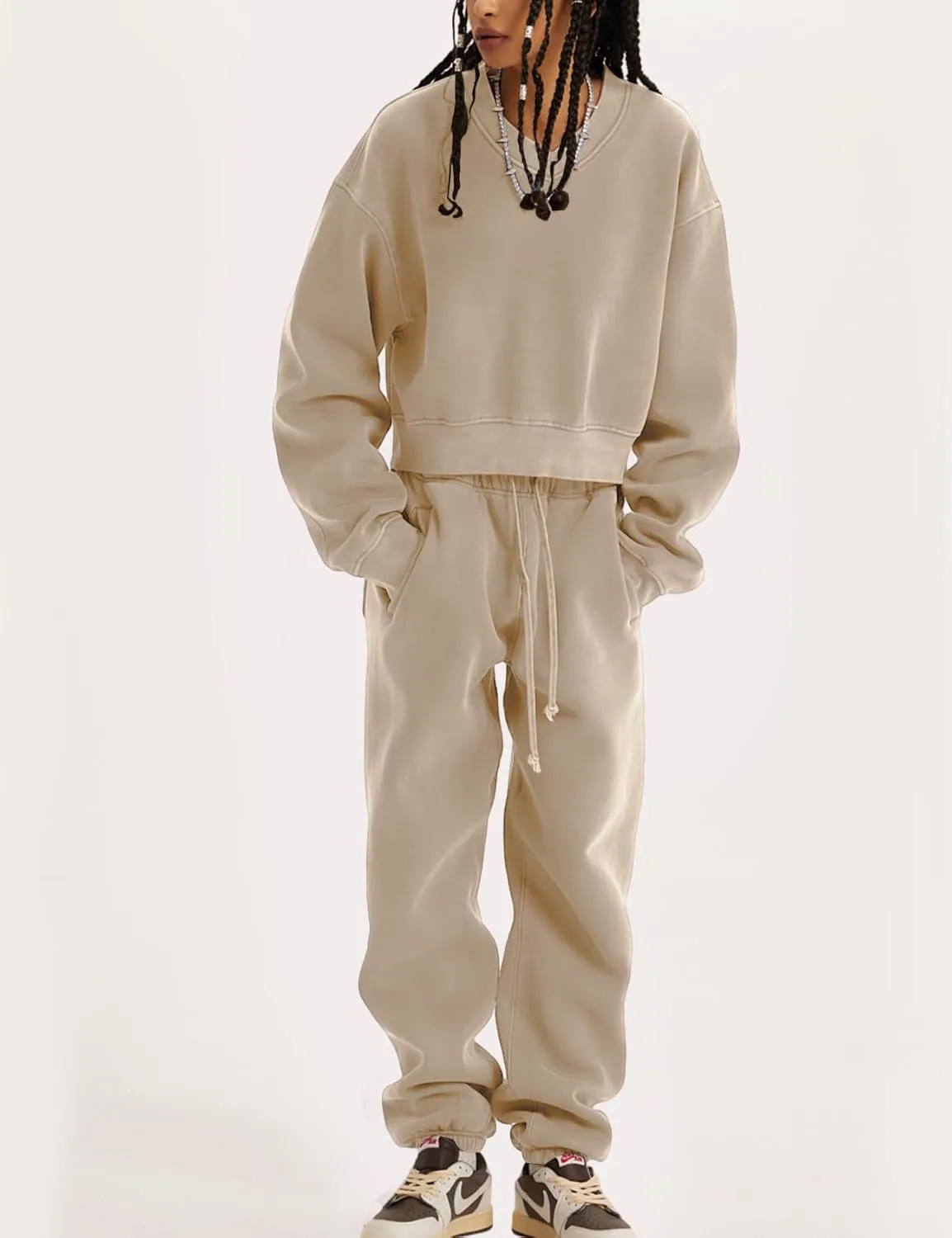 Kissonic Sweat Sets for Women 2 Piece Long Sleeve V Neck Pullover Drawstring Sweatpants Tracksuits Jogger Set