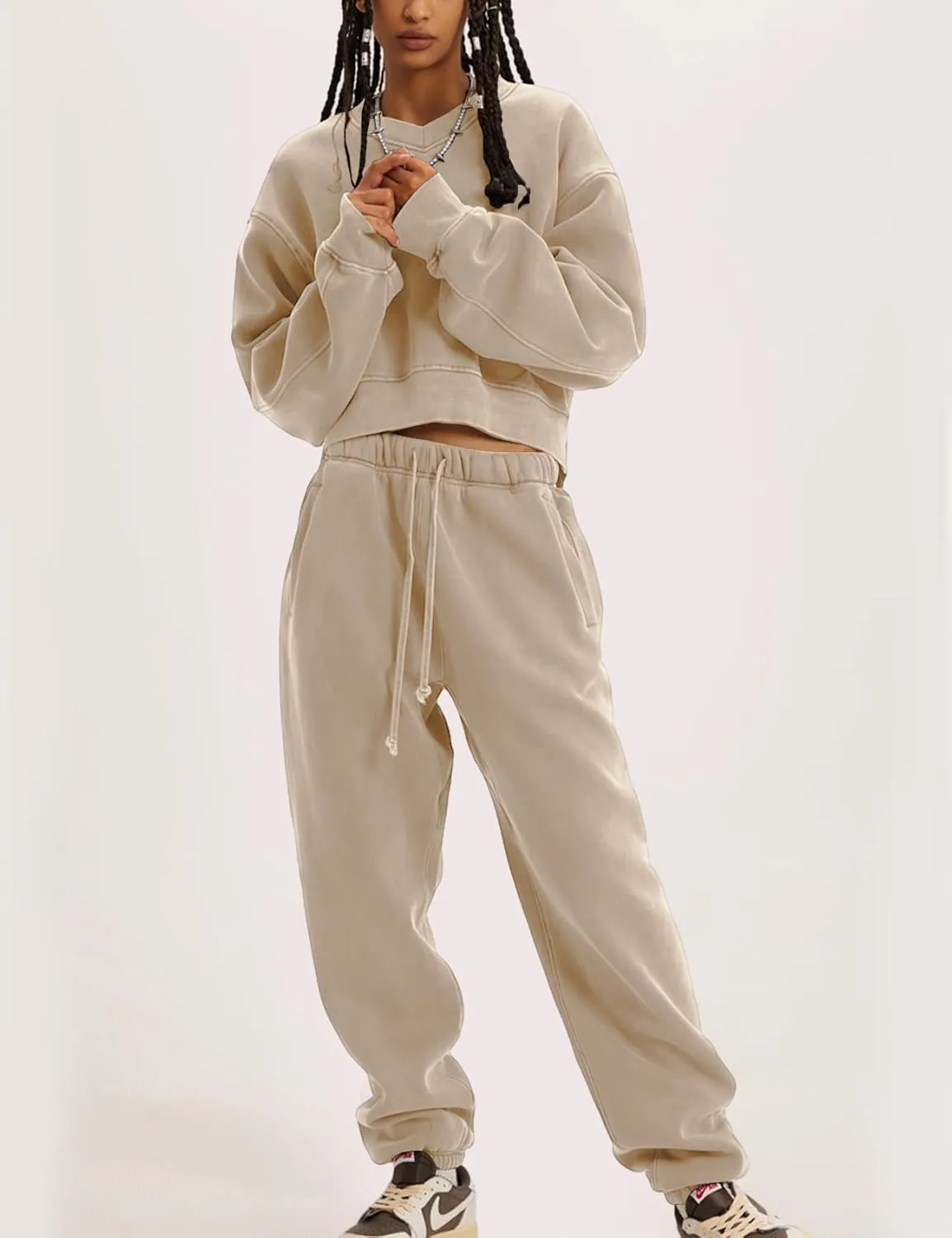 Kissonic Sweat Sets for Women 2 Piece Long Sleeve V Neck Pullover Drawstring Sweatpants Tracksuits Jogger Set