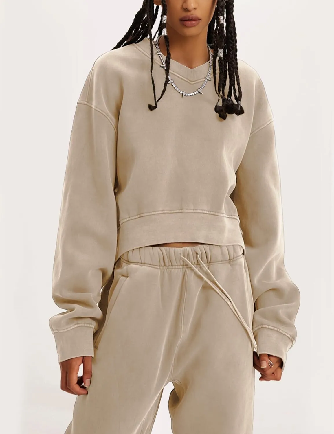Kissonic Sweat Sets for Women 2 Piece Long Sleeve V Neck Pullover Drawstring Sweatpants Tracksuits Jogger Set