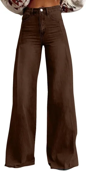 KUIOLYPOER Jeans for Women Wide Leg Jeans Woman Vintage Classic Solid Color High Waisted Straight Stretch Pants with Pockets