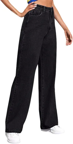 KUIOLYPOER Jeans for Women Wide Leg Jeans Woman Vintage Classic Solid Color High Waisted Straight Stretch Pants with Pockets