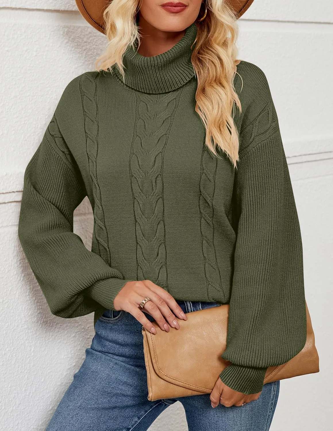 LEANI Women's 2024 Turtleneck Sweater Lantern Long Sleeve Cable Knit Pullover Sweaters Jumper