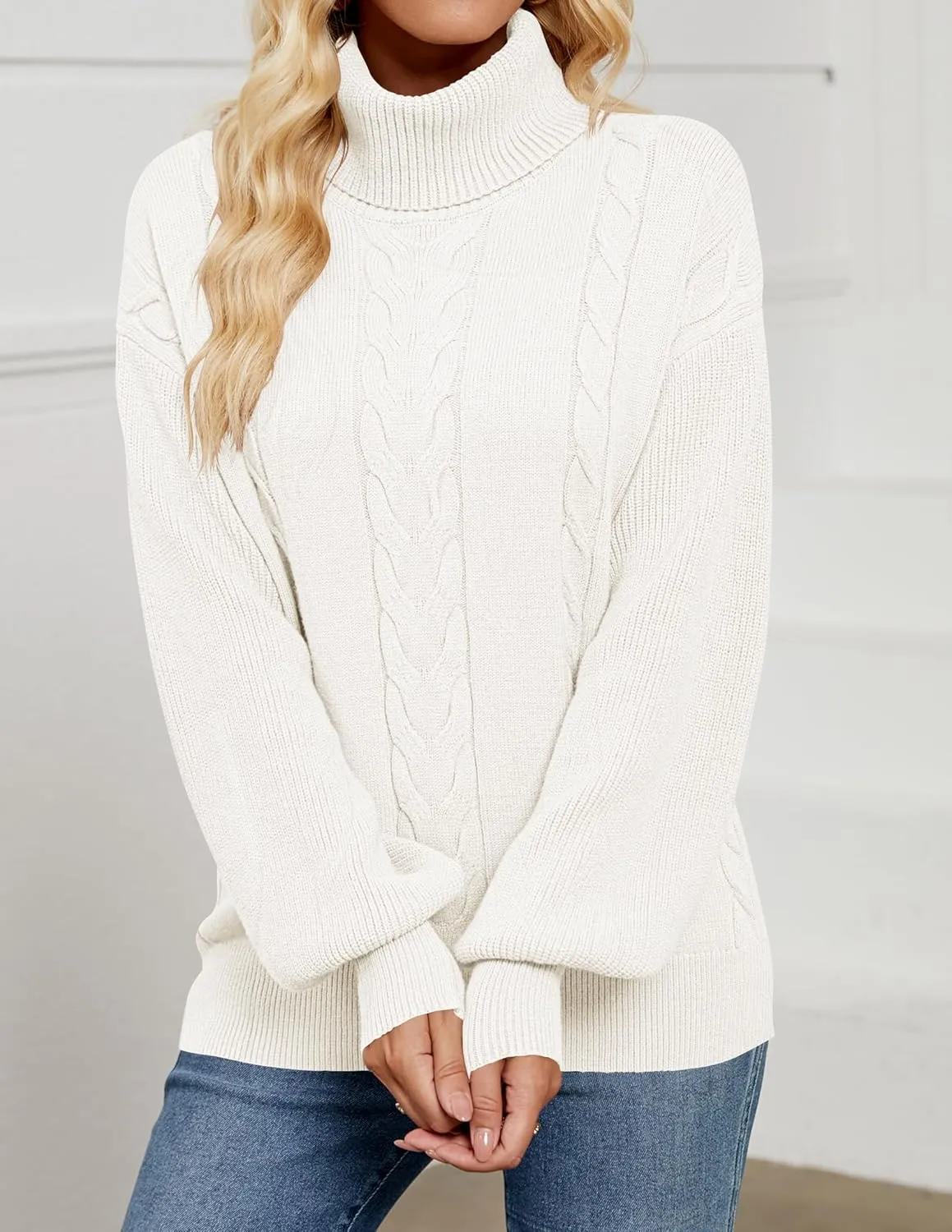 LEANI Women's 2024 Turtleneck Sweater Lantern Long Sleeve Cable Knit Pullover Sweaters Jumper