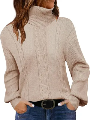 LEANI Women's 2024 Turtleneck Sweater Lantern Long Sleeve Cable Knit Pullover Sweaters Jumper