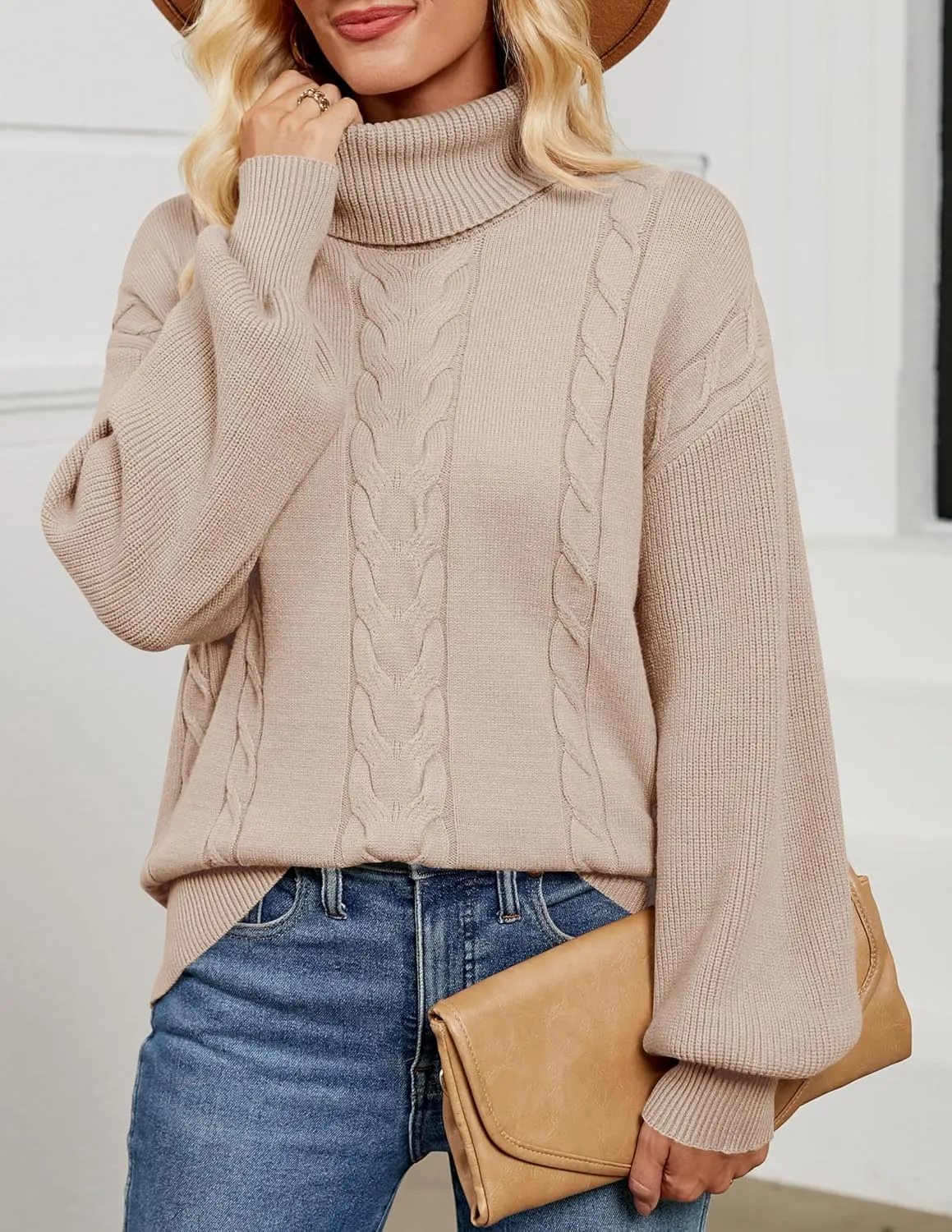 LEANI Women's 2024 Turtleneck Sweater Lantern Long Sleeve Cable Knit Pullover Sweaters Jumper