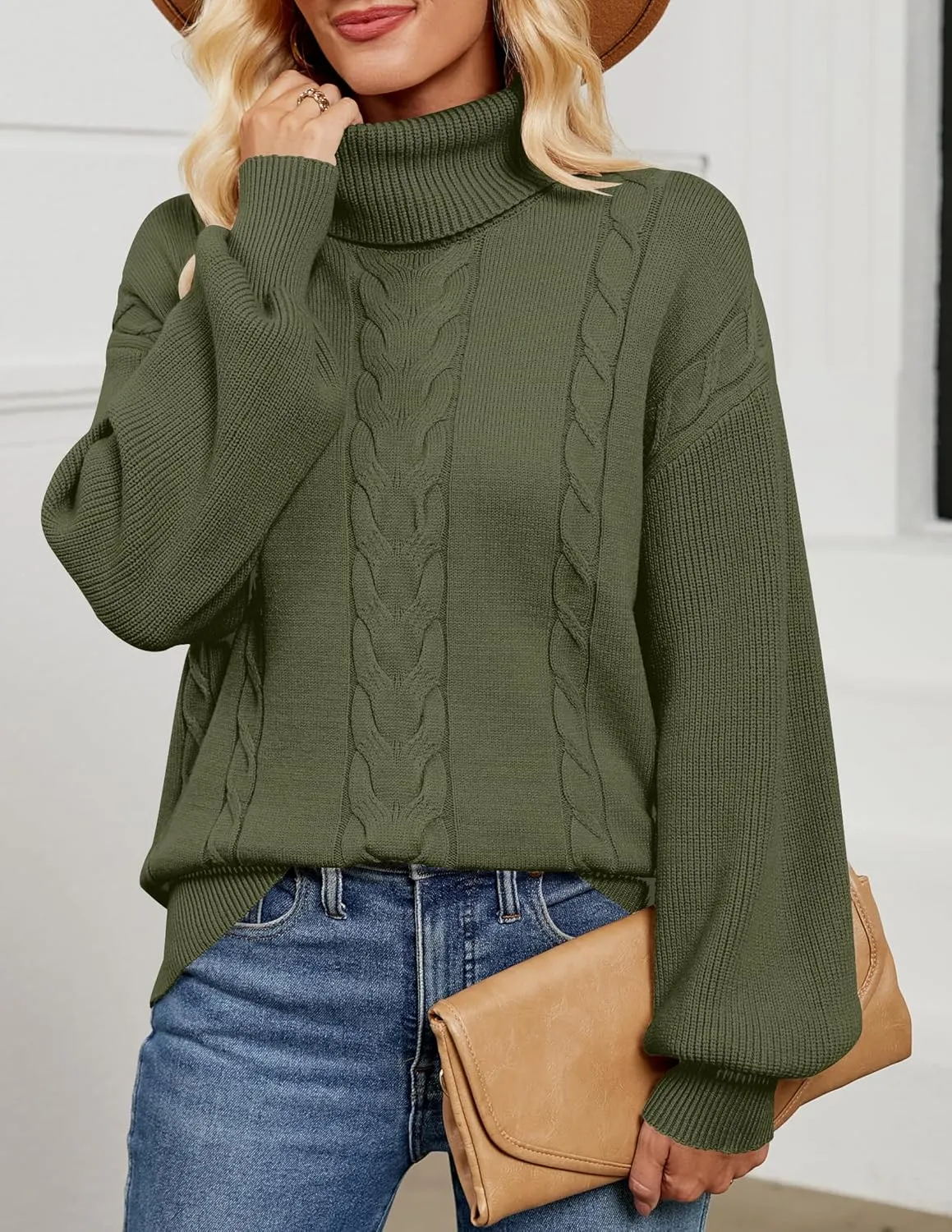 LEANI Women's 2024 Turtleneck Sweater Lantern Long Sleeve Cable Knit Pullover Sweaters Jumper