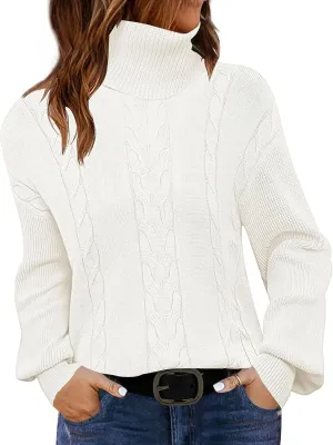 LEANI Women's 2024 Turtleneck Sweater Lantern Long Sleeve Cable Knit Pullover Sweaters Jumper