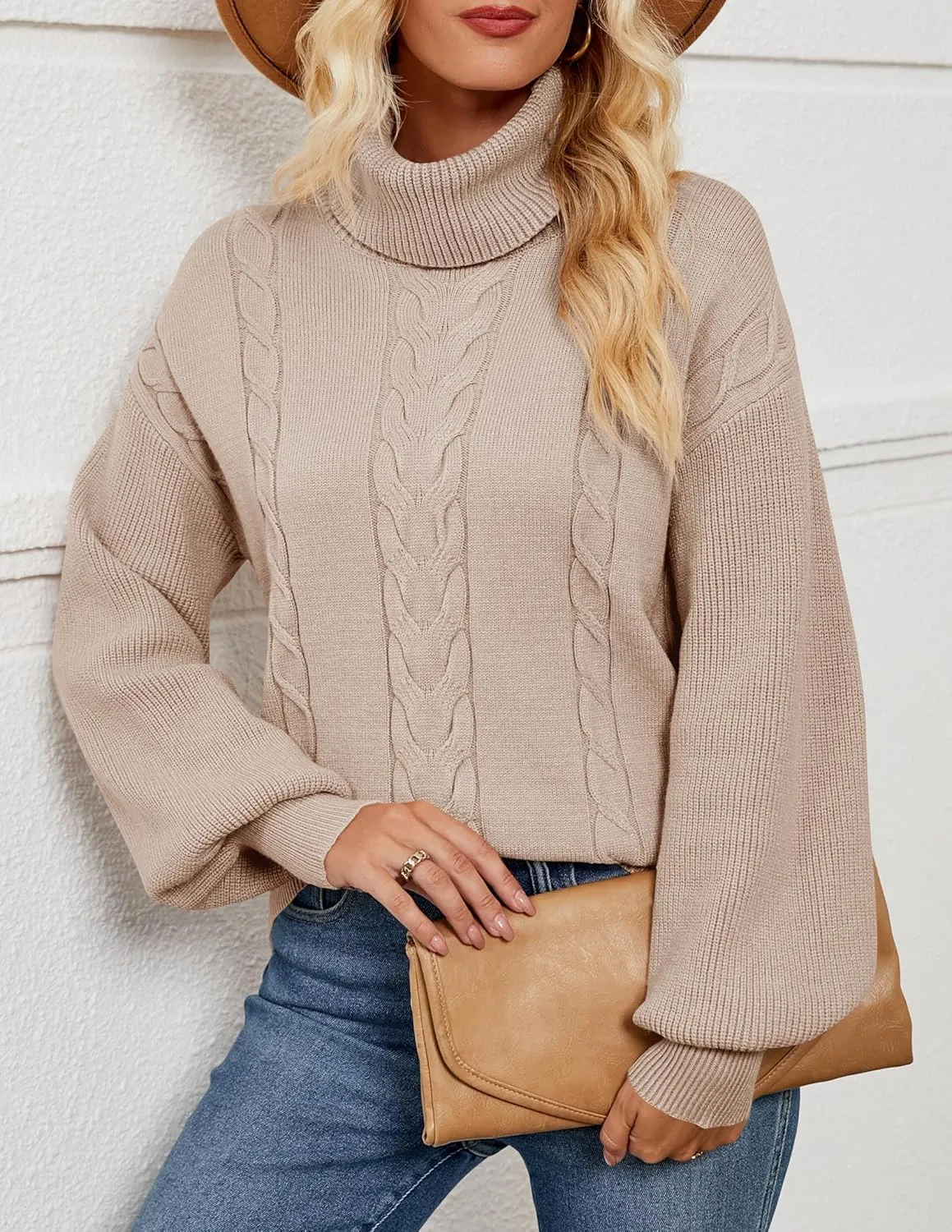 LEANI Women's 2024 Turtleneck Sweater Lantern Long Sleeve Cable Knit Pullover Sweaters Jumper