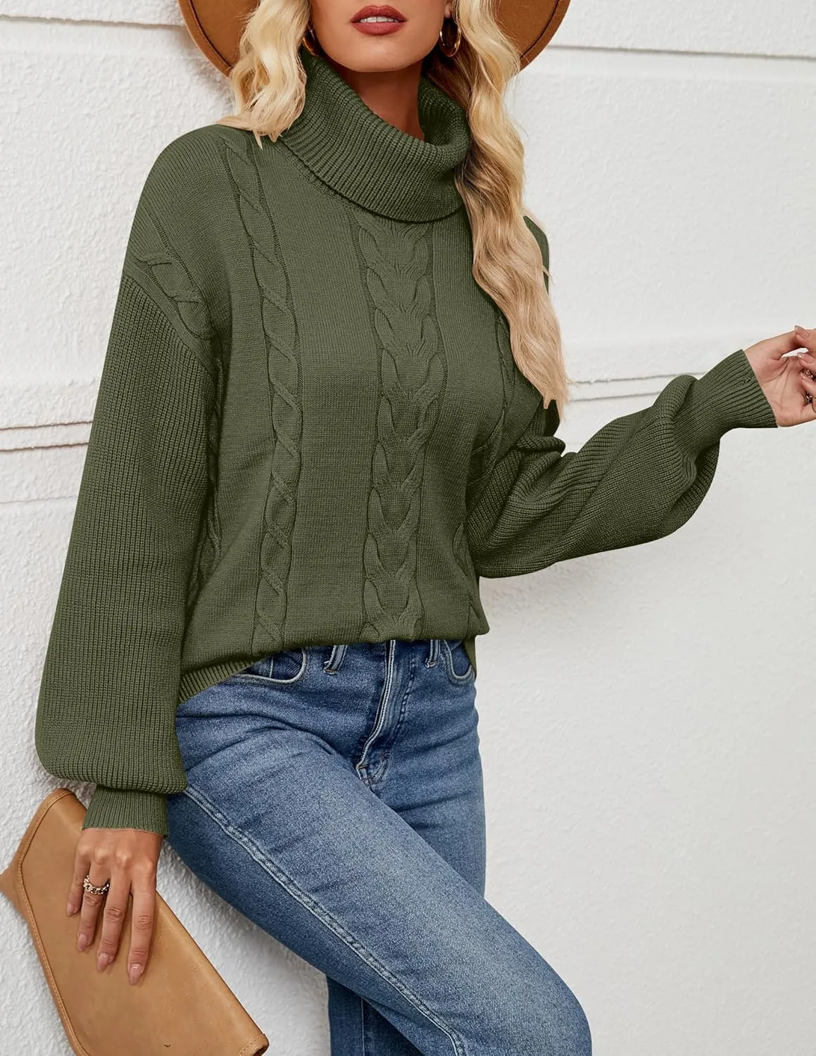 LEANI Women's 2024 Turtleneck Sweater Lantern Long Sleeve Cable Knit Pullover Sweaters Jumper