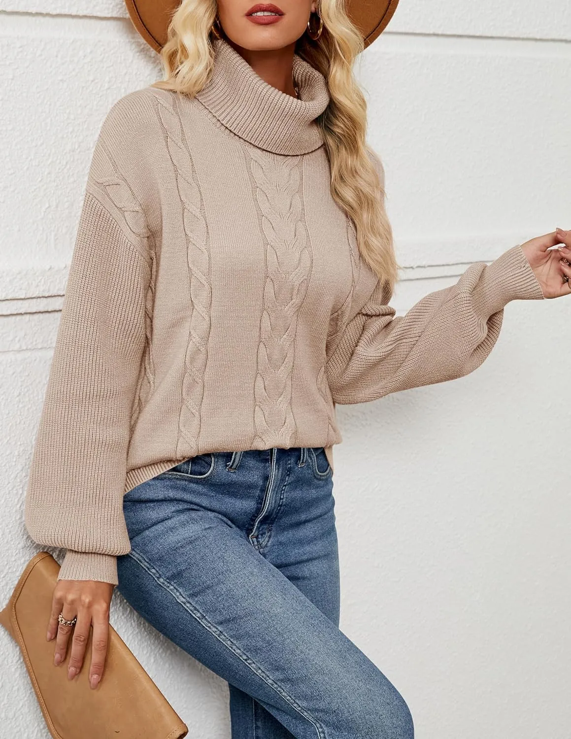 LEANI Women's 2024 Turtleneck Sweater Lantern Long Sleeve Cable Knit Pullover Sweaters Jumper