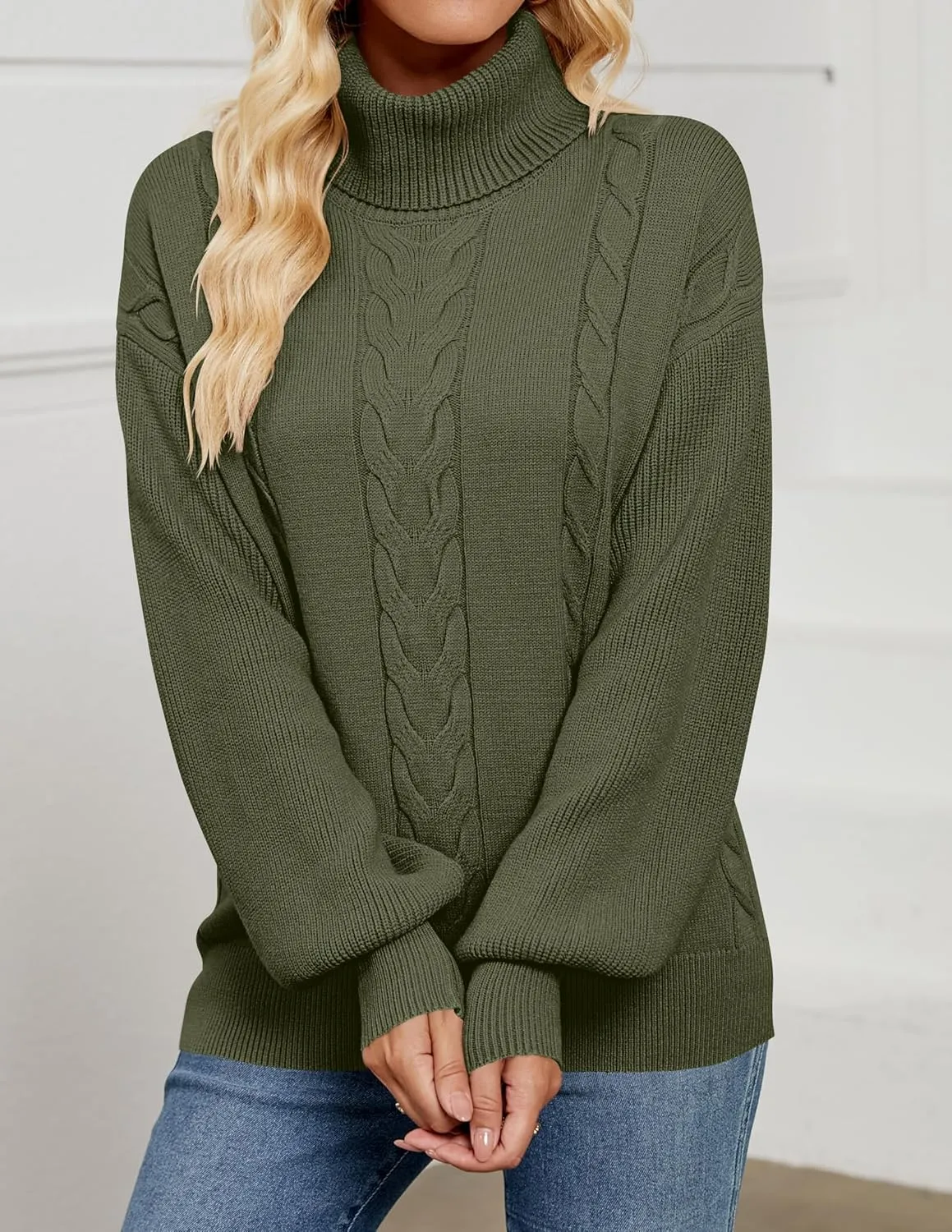 LEANI Women's 2024 Turtleneck Sweater Lantern Long Sleeve Cable Knit Pullover Sweaters Jumper