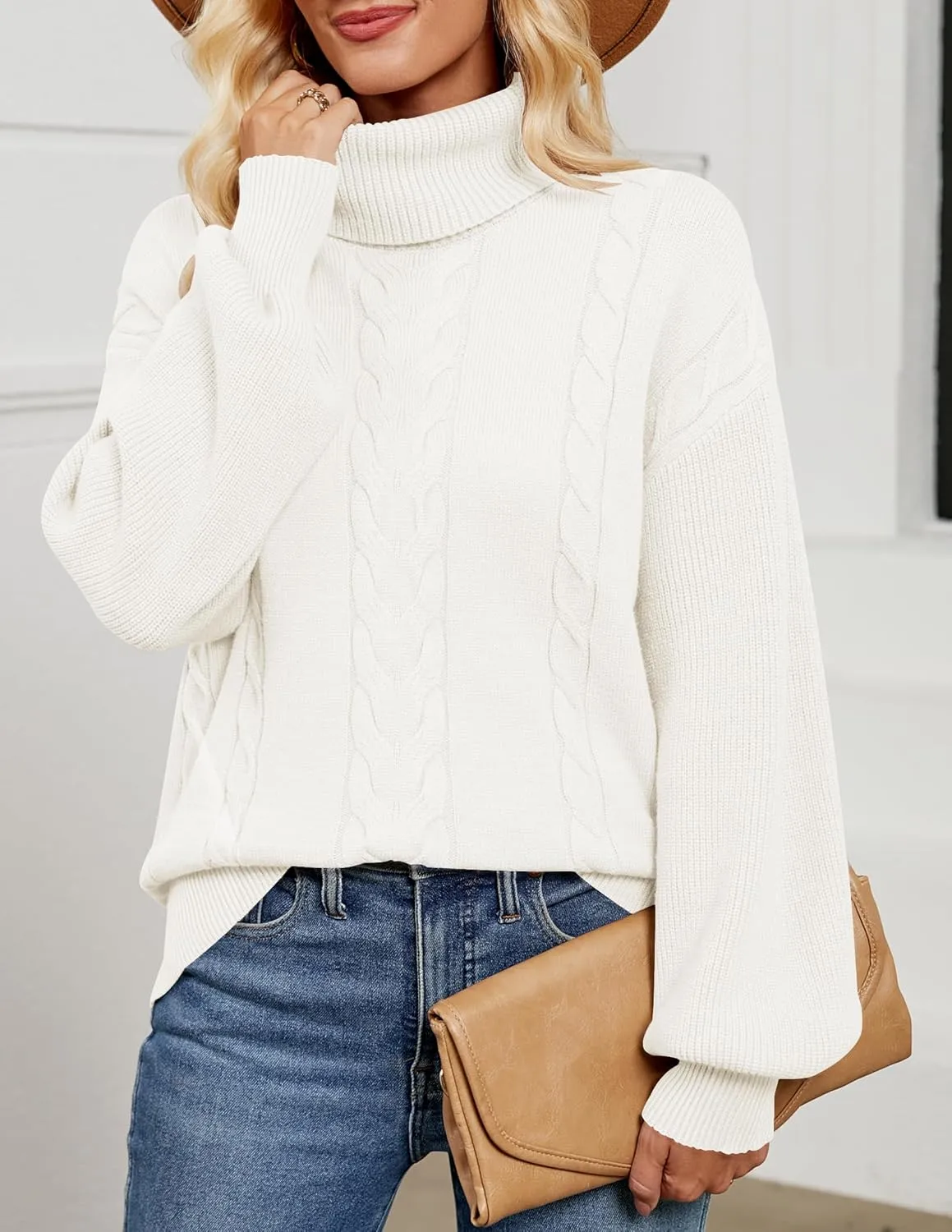 LEANI Women's 2024 Turtleneck Sweater Lantern Long Sleeve Cable Knit Pullover Sweaters Jumper