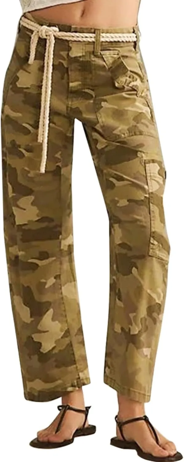 LifeShe Camo Cargo Pants for Women Army Camouflage Mid Rise Wide Straight Leg Trousers with Belt