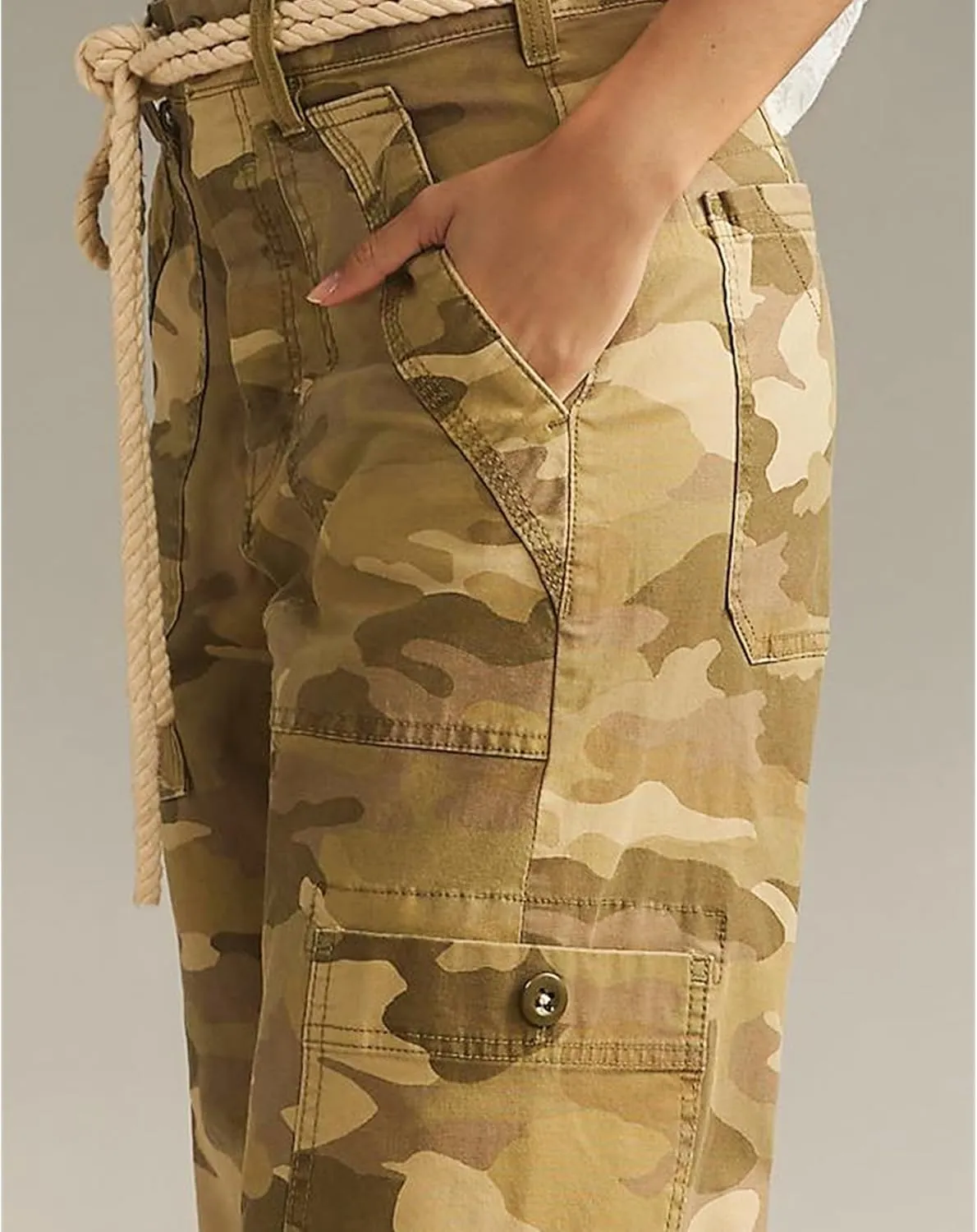 LifeShe Camo Cargo Pants for Women Army Camouflage Mid Rise Wide Straight Leg Trousers with Belt