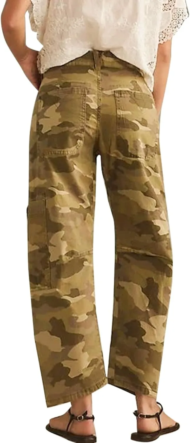 LifeShe Camo Cargo Pants for Women Army Camouflage Mid Rise Wide Straight Leg Trousers with Belt