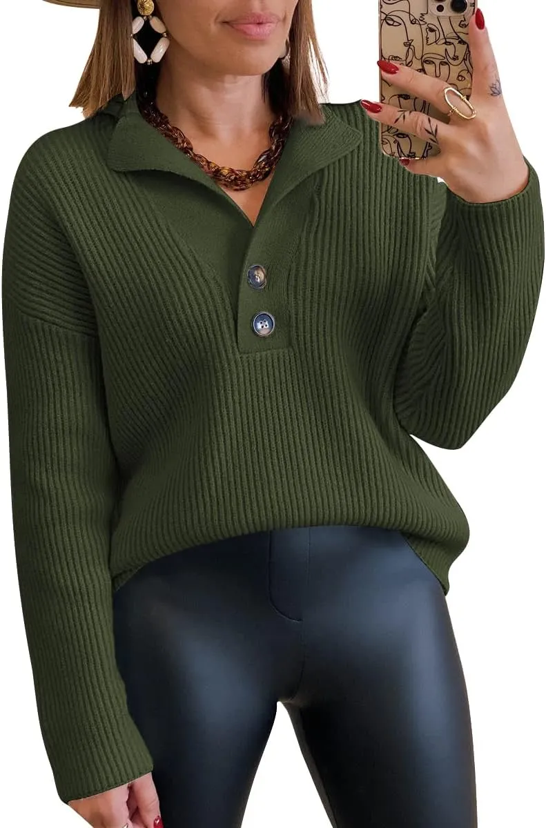 LILLUSORY Womens V Neck Pullover Sweaters Casual Cable Knit Chunky Warm Cute Tops with Collar Polo