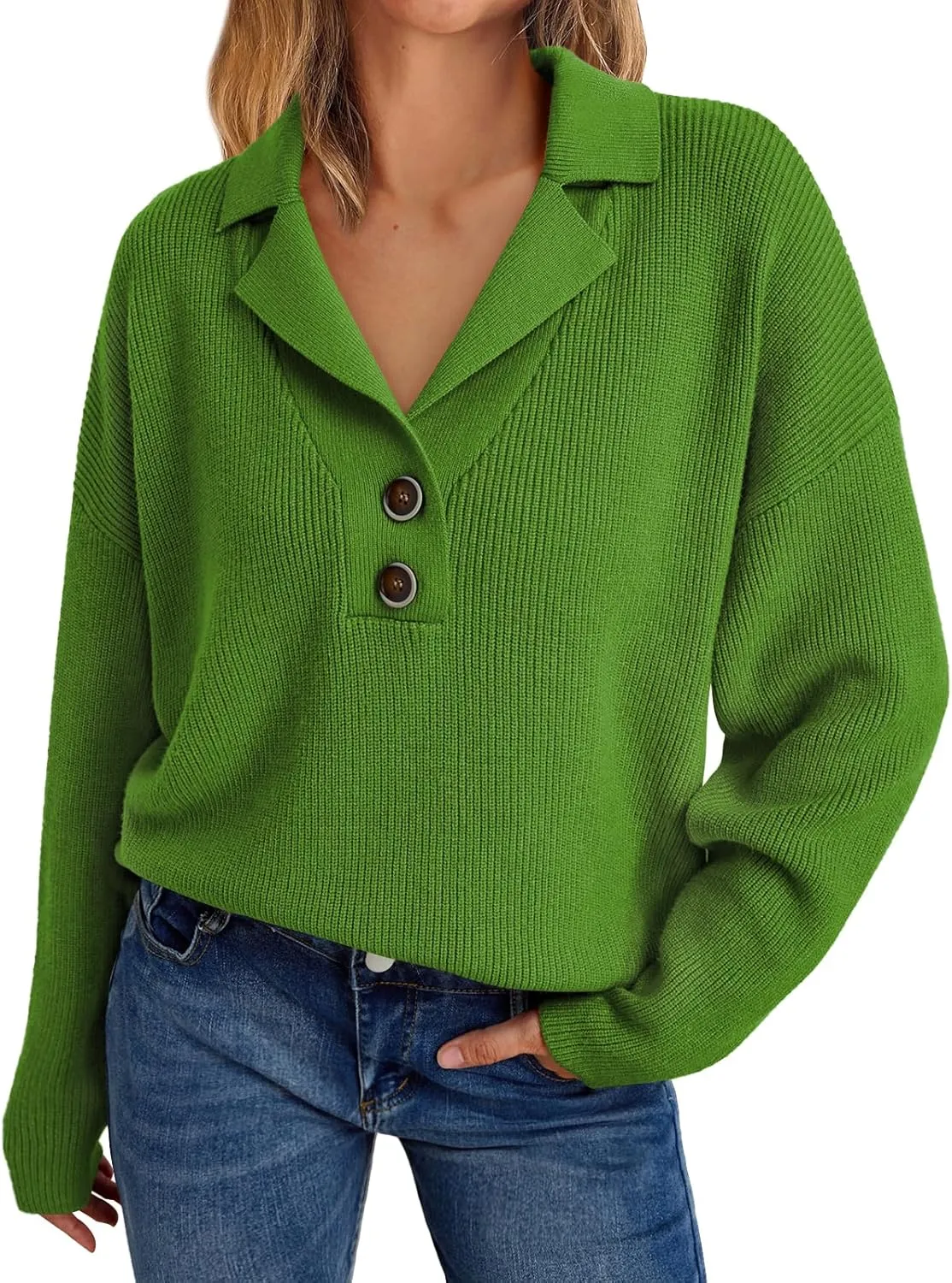 LILLUSORY Womens V Neck Pullover Sweaters Casual Cable Knit Chunky Warm Cute Tops with Collar Polo