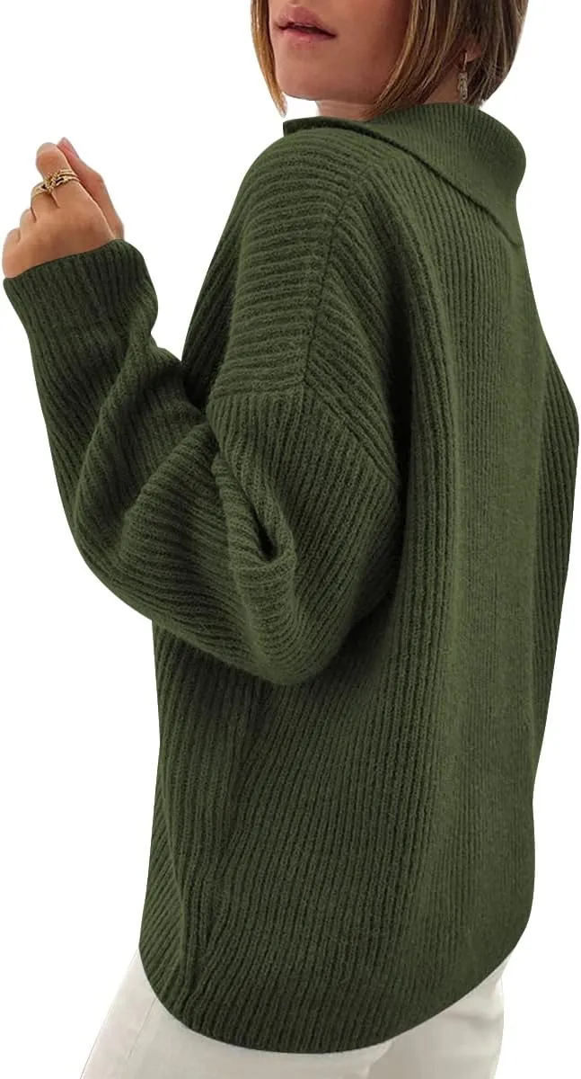LILLUSORY Womens V Neck Pullover Sweaters Casual Cable Knit Chunky Warm Cute Tops with Collar Polo