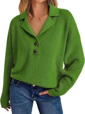 LILLUSORY Womens V Neck Pullover Sweaters Casual Cable Knit Chunky Warm Cute Tops with Collar Polo