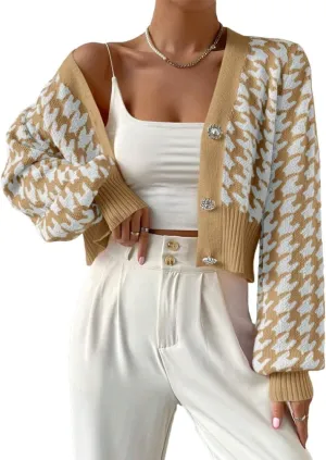 LOFAAC Women Oversized Houndstooth Button Down Cropped Cardigan Elegant Long Sleeve V Neck Chunky Knit Sweater Outerwear
