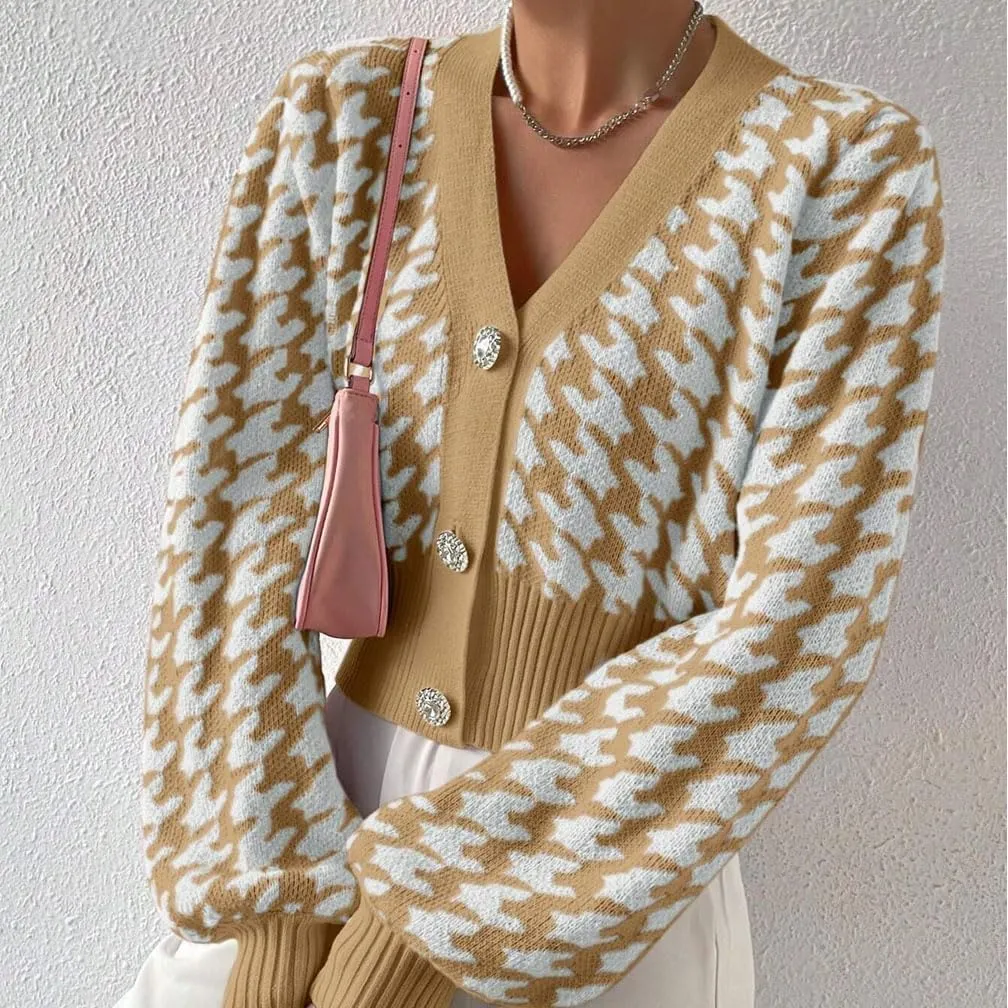 LOFAAC Women Oversized Houndstooth Button Down Cropped Cardigan Elegant Long Sleeve V Neck Chunky Knit Sweater Outerwear