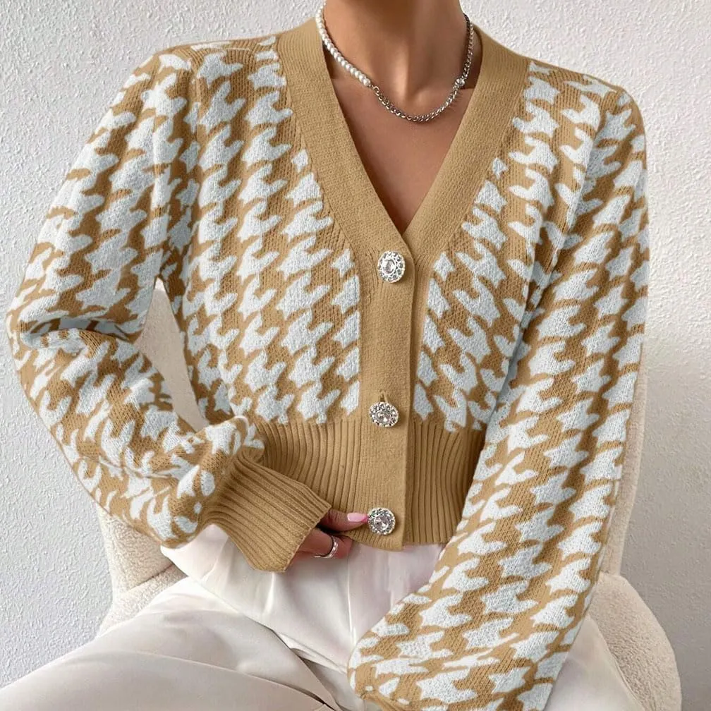 LOFAAC Women Oversized Houndstooth Button Down Cropped Cardigan Elegant Long Sleeve V Neck Chunky Knit Sweater Outerwear